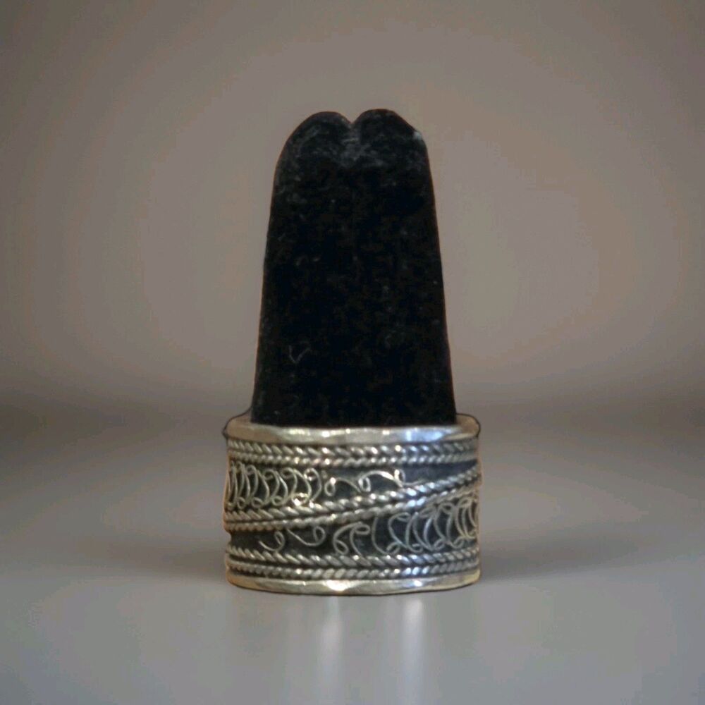 Vintage Silver Tone Filigree Adjustable Cigar Band Ring Wide Mixed Metal 7.5